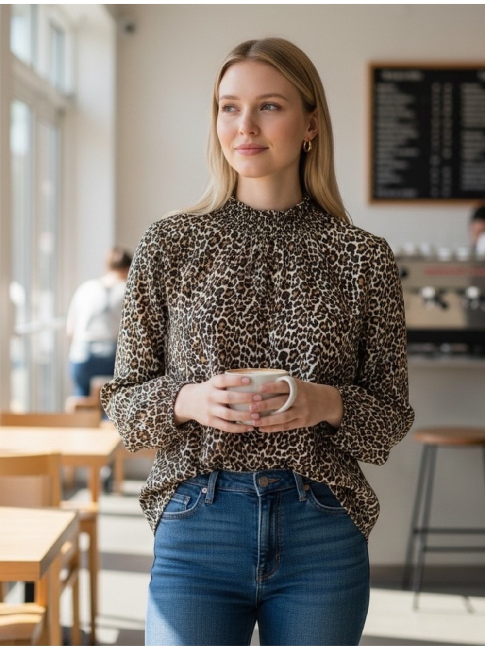 J Crew Long Sleeve Smocked Mock Neck Leopard Animal Print Sheer Lined Blouse Top
